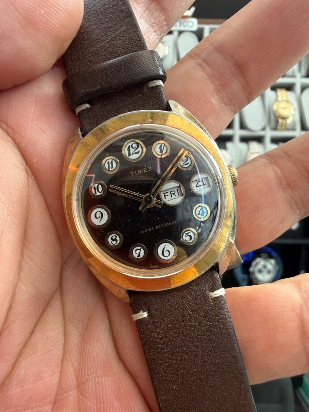 Timex Marlin Telephone Dial Brown 34mm Day Date Mechanical Wind 1970s Vintage